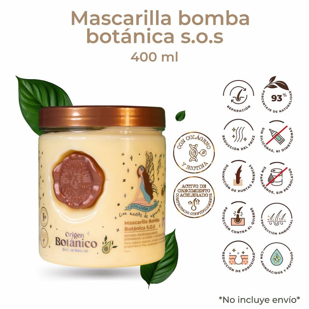 S.O.S. Botanical Bomb Mask 400 ml, Deeply repairs, reduces hair loss and accelerates growth. | Mascarilla Bomba Botanica S.O.S. 400 ml, Repara profundamente disminuye la caída y acelera el crecimiento