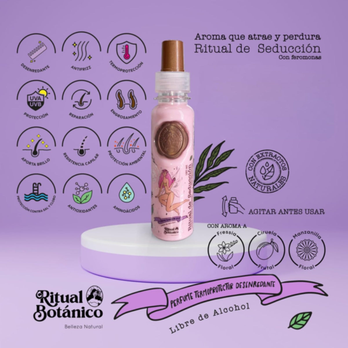 Perfume Termoprotector para Cabello, Sin Alcohol, Antifrizz, Desenredante, Proteccion solar, Con Feromonas, Aroma Seductor Frutal y Floral, Todo Tipo de Cabello 120ml, Pink